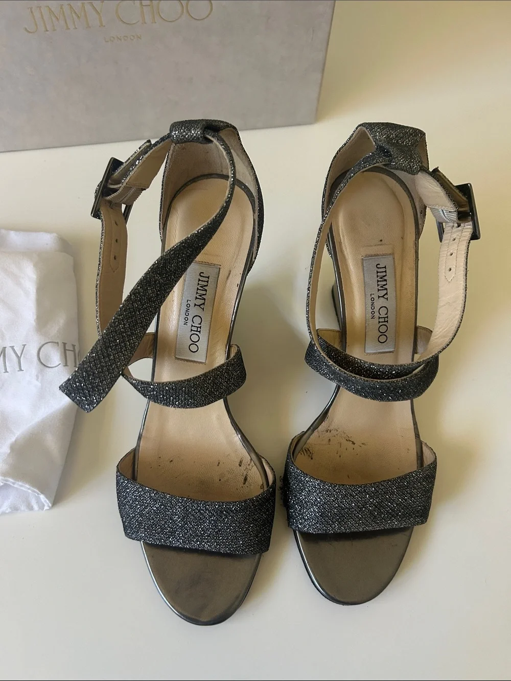 Jimmy Choo Black Glitter Strappy Ankle Sandals